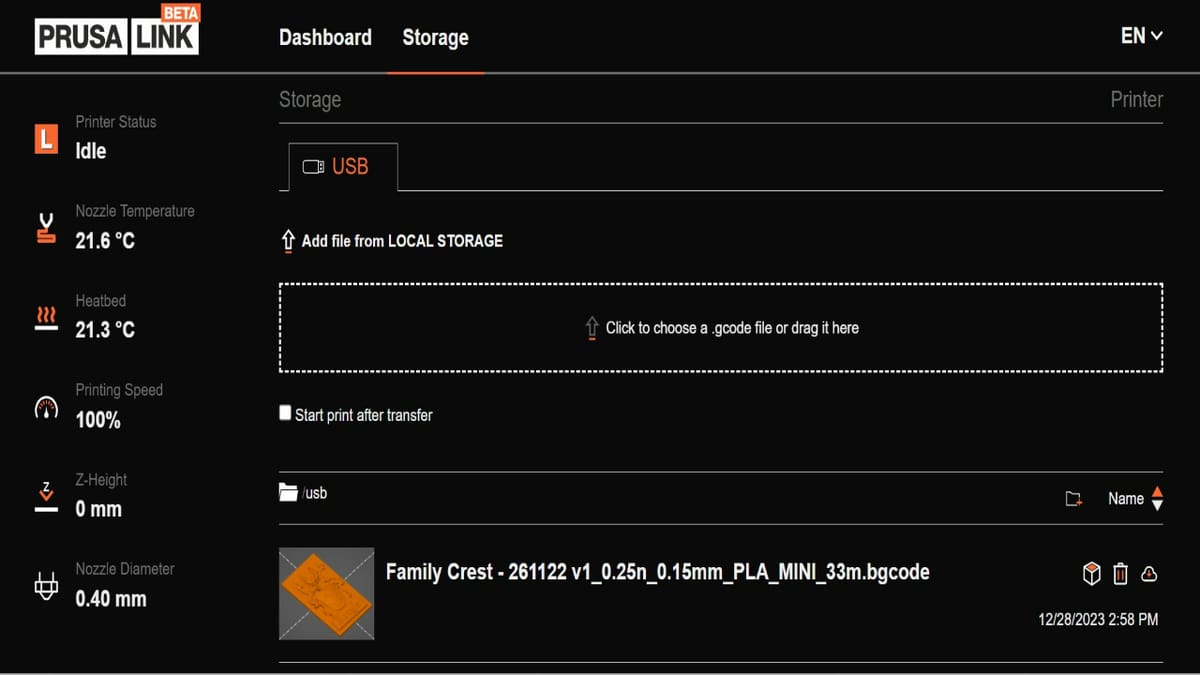 PrusaLink's very user-friendly interface