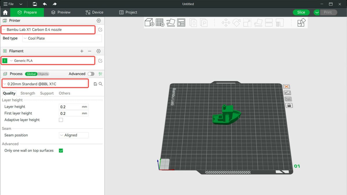 Default slicer slices default model with default settings