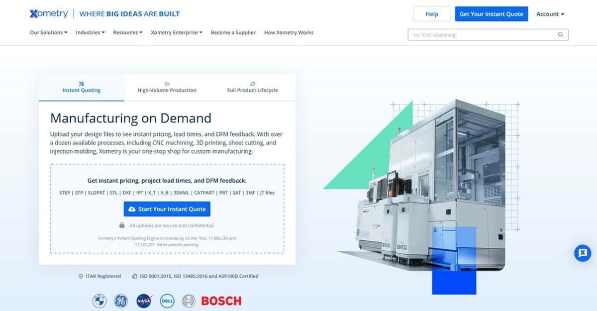 Xometry's homepage is as straightforward as can be