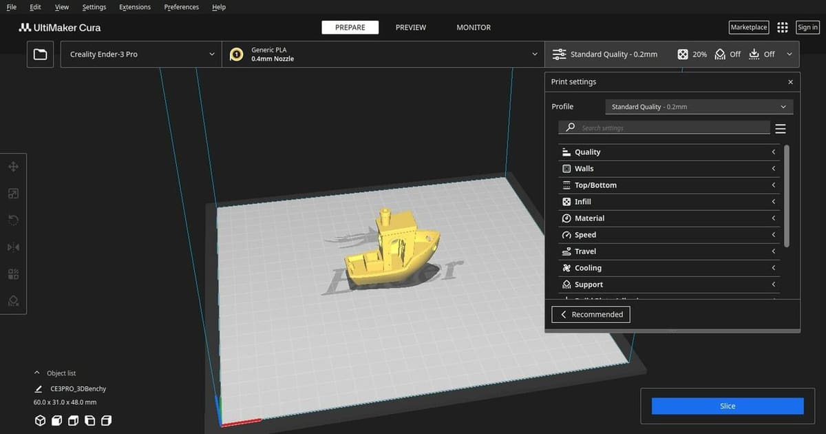 Cura's UI is easy to navigate