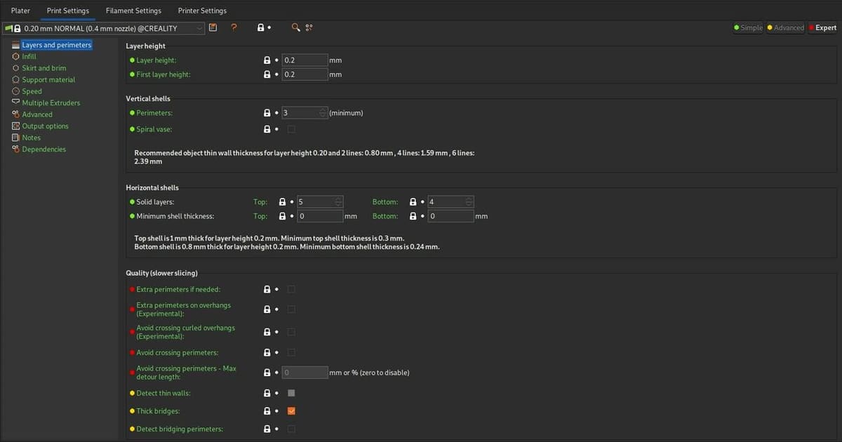 PrusaSlicer allows selecting Simple, Advanced, and Expect levels