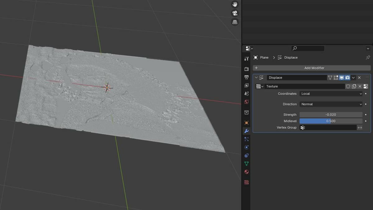 Viewing at an angle to set the Strenght of the Displace Modifier