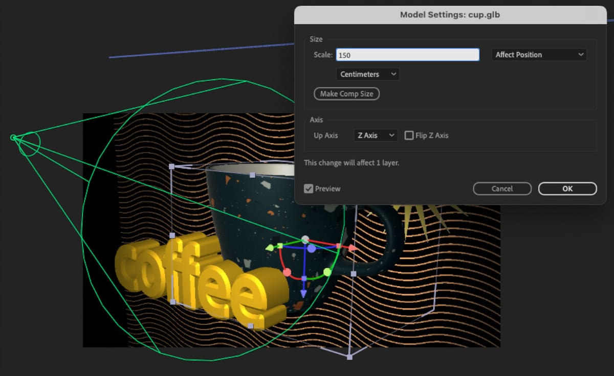 Screenshot of After Effects while importing a .glb object into a proyect