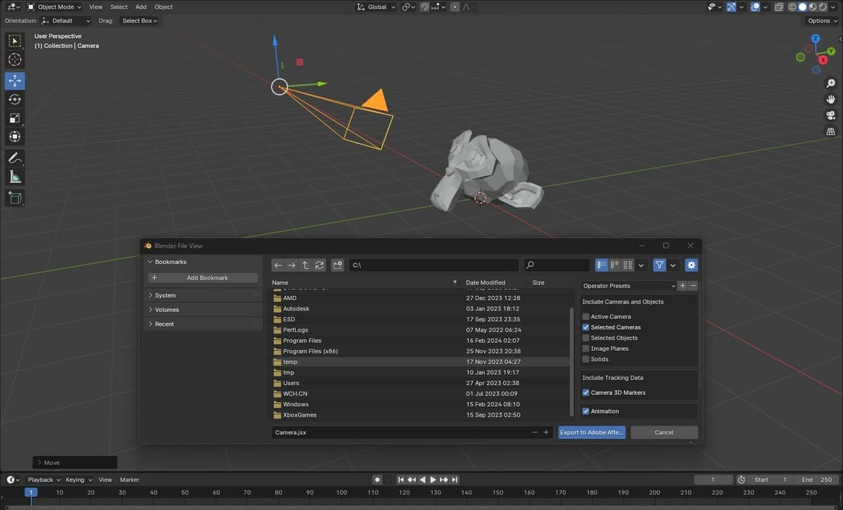 Screenshot inside of Blender's 3D viewport while exporting a camera as a .jsx file