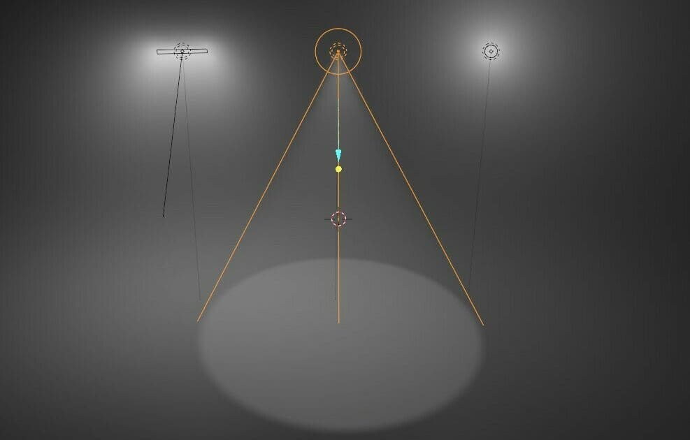 The 3D viewport showing an area (left), a spot (center), and a point (right) light