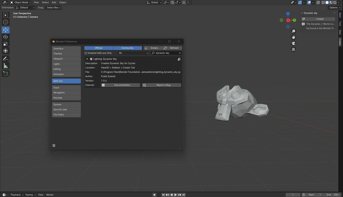 Enabling the Dynamic Sky add-on