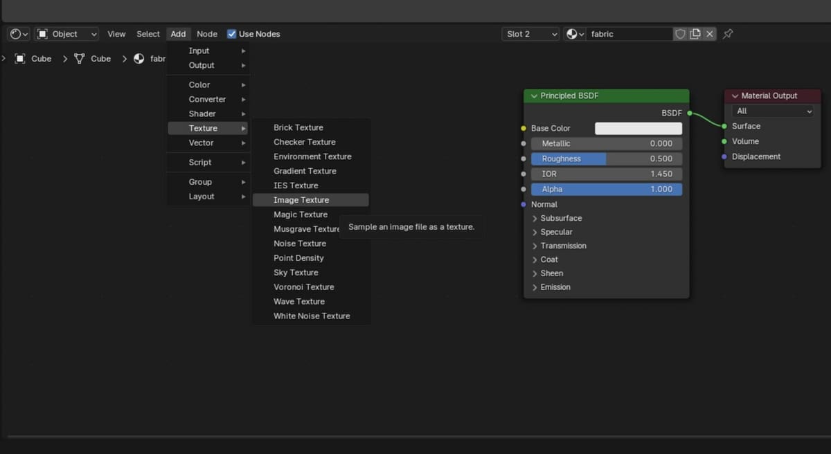 Adding an Image Texture node in the Shader editor