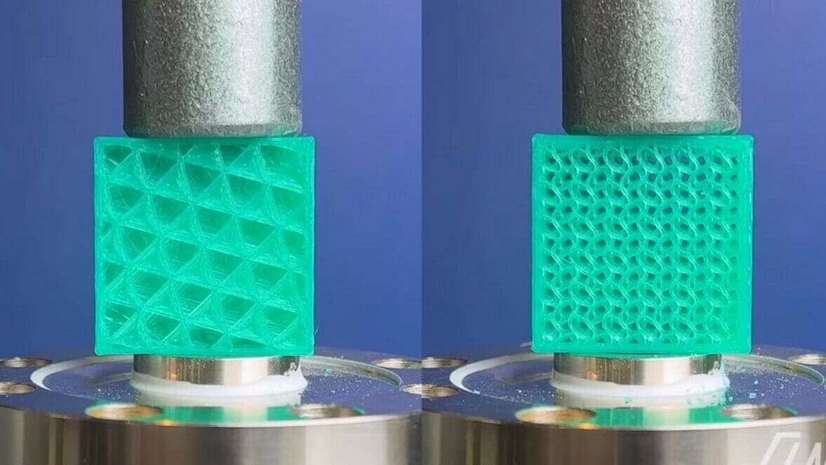 One of the tests evaluates the compression strength of parts with various infill patterns