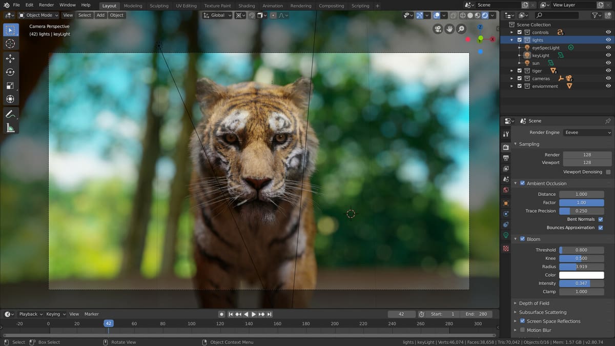 An Eevee-rendered tiger inside Blender's 3D viewport