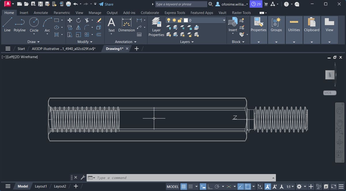 A model of a stand-off in AutoCAD, shown in wireframe mode