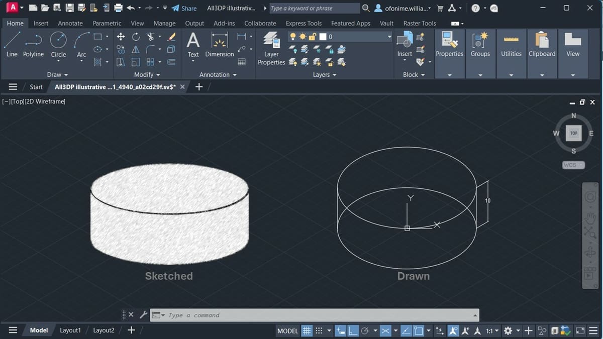 A 3D representation of a cylinder as a sketch and as a drawing
