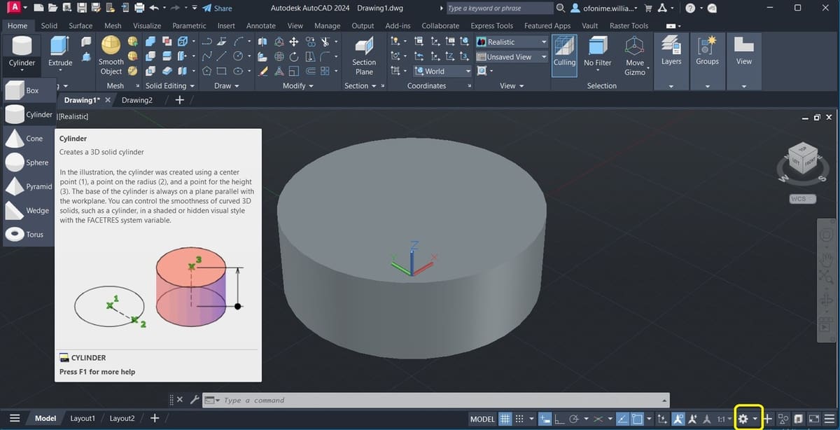 A solid model drawn using the Cylinder Feature
