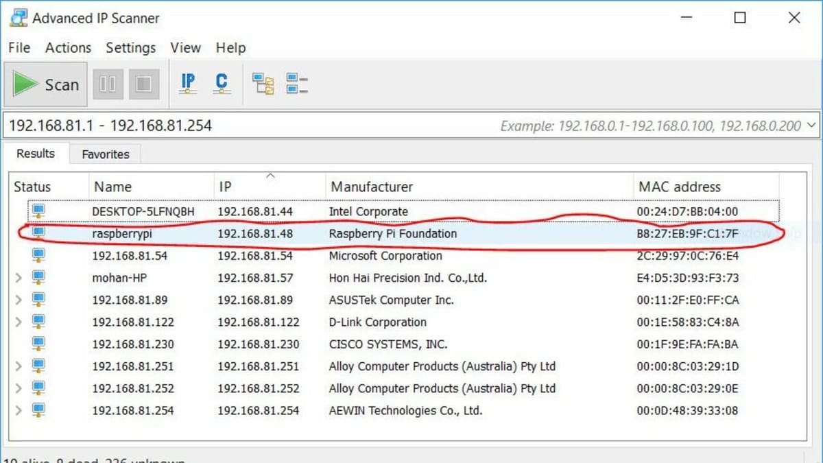 Finding Raspberry Pi's IP address using Advanced IP Scanner