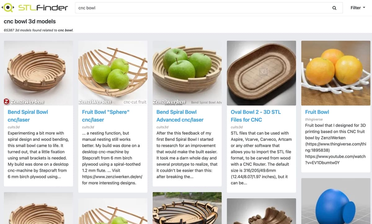 STLFinder compiles search results from many different repositories