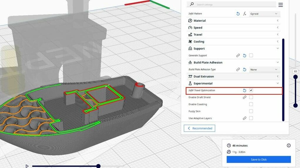 Infill travel is optimized to reduce traveling distance