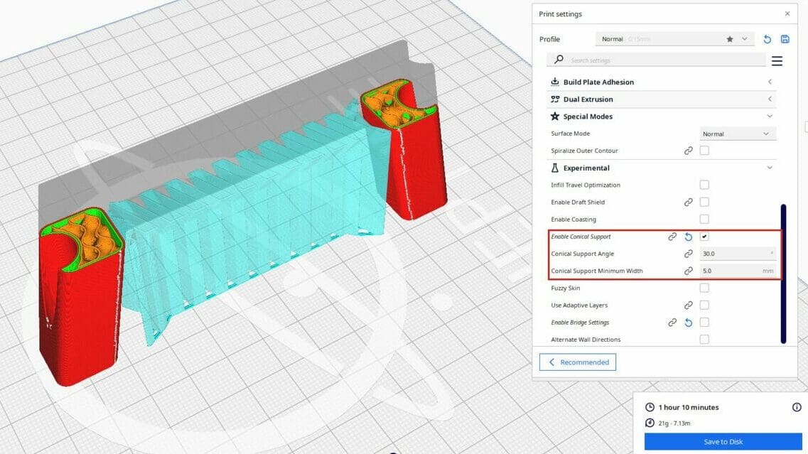 Conical support gradually increases towards the top to provide support to the model.