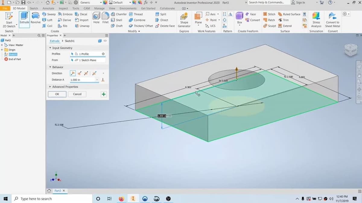 Create a 3D model by extruding a 2D drawing