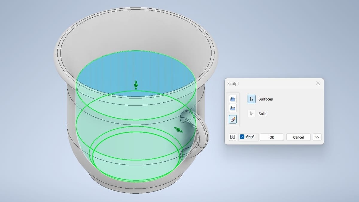 The Sculpt command creates a volume between surfaces