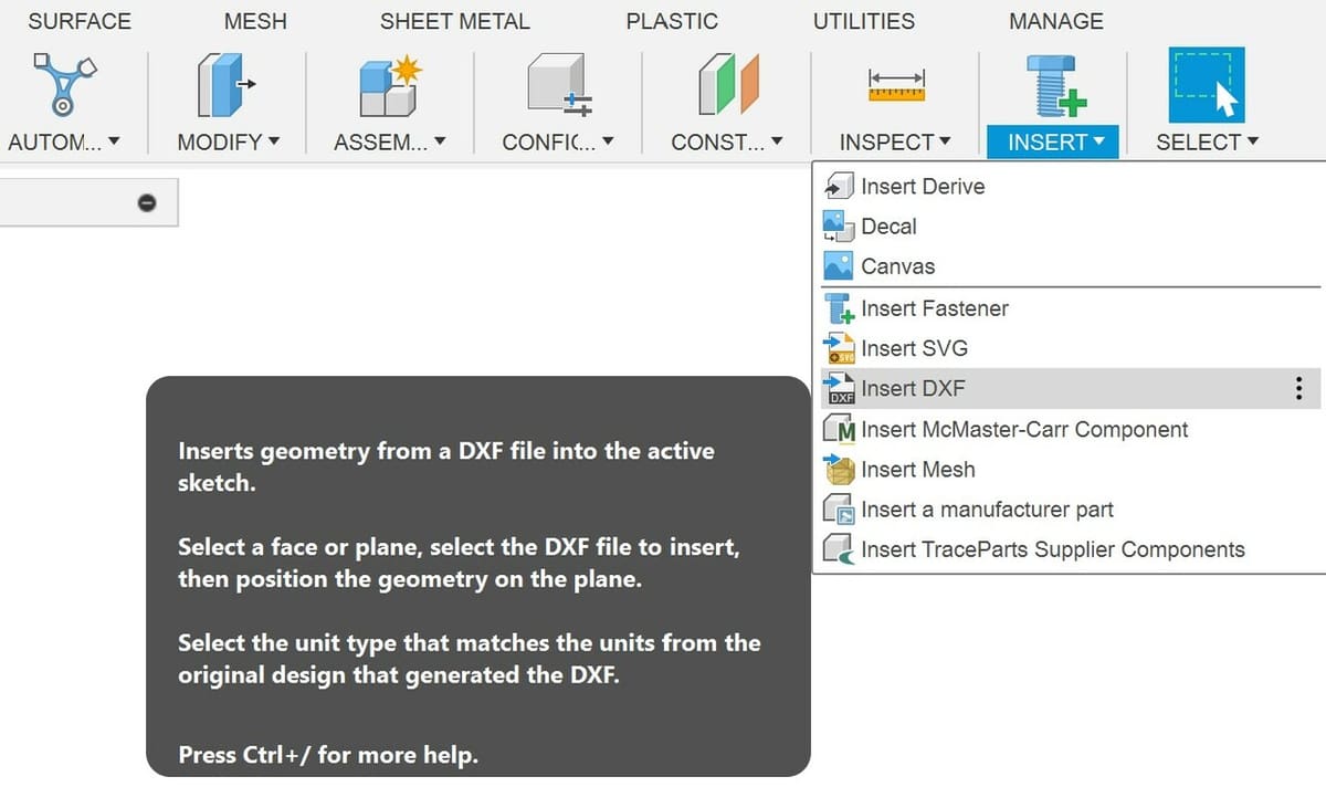 The DXF Import command in Autodesk Fusion