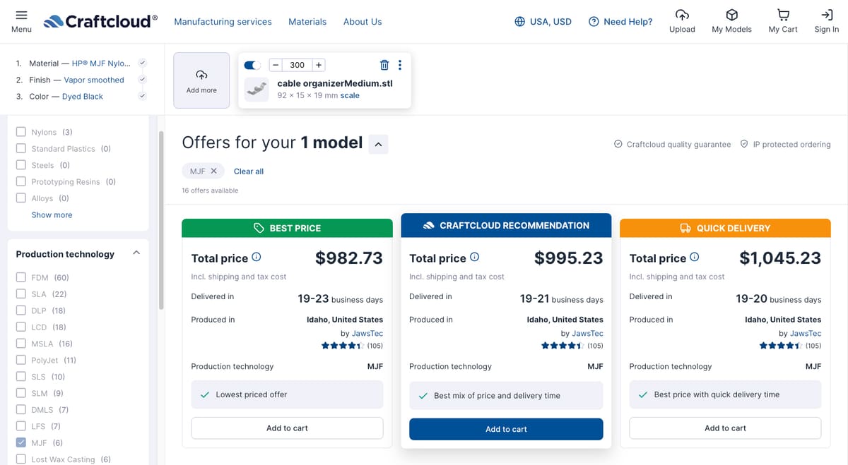 Image of MJF 3D Printing Service Costs: 5 Projects Compared: Volume Project: 300 Cable Organizers