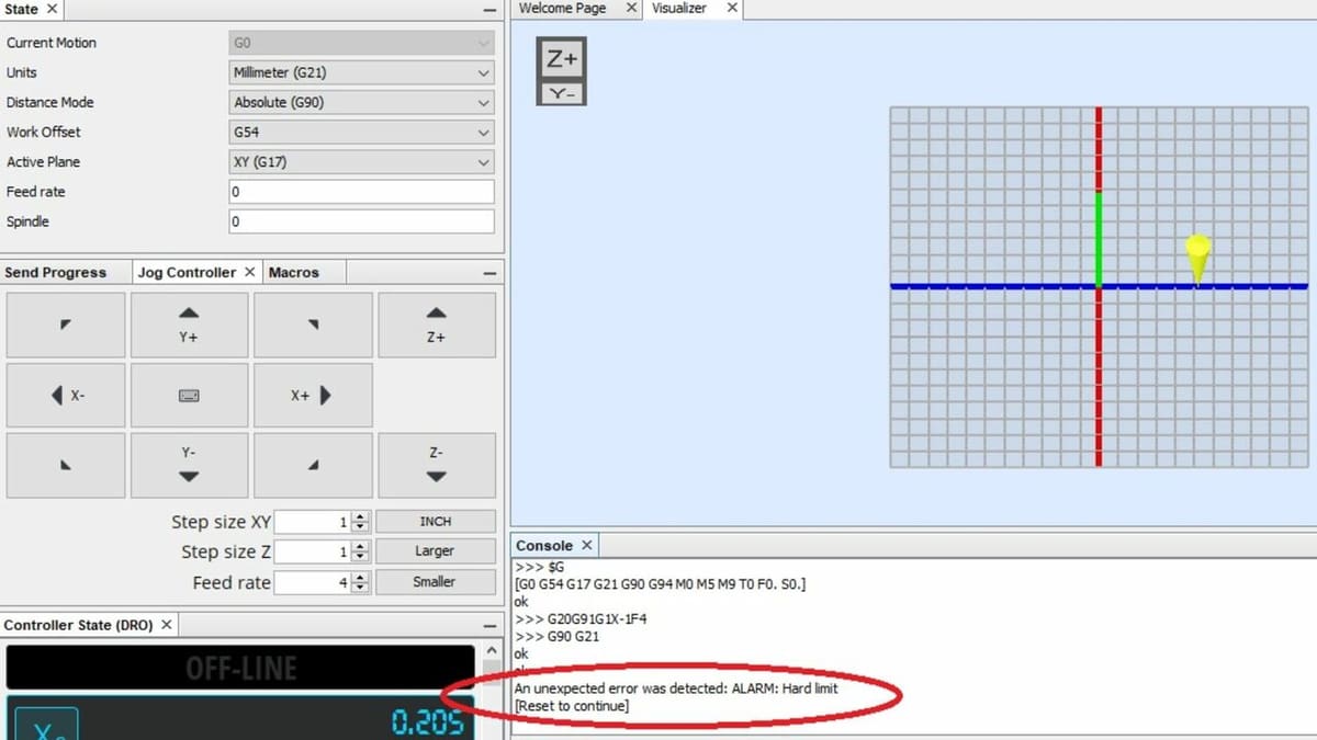 A GRBL command showing error for alarm for hard limit