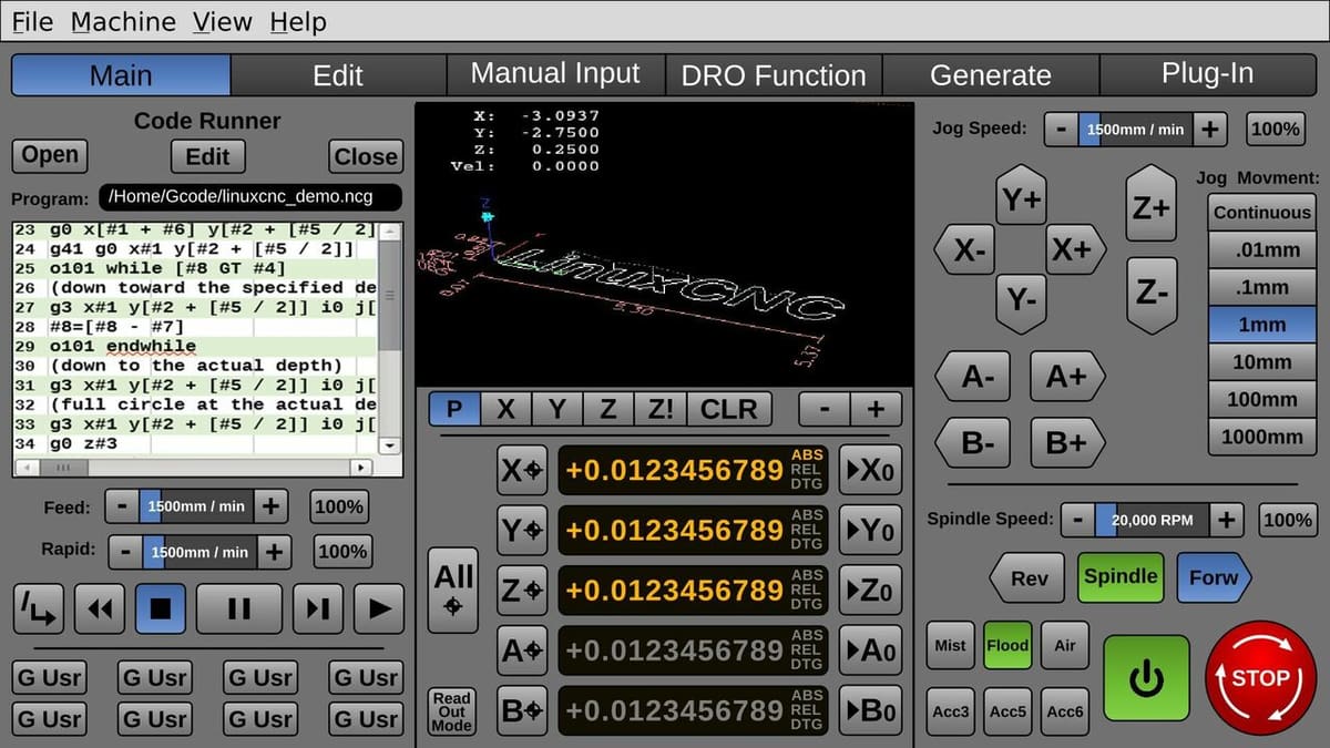 LinuxCNC interface to control and send commands to the CNC machine