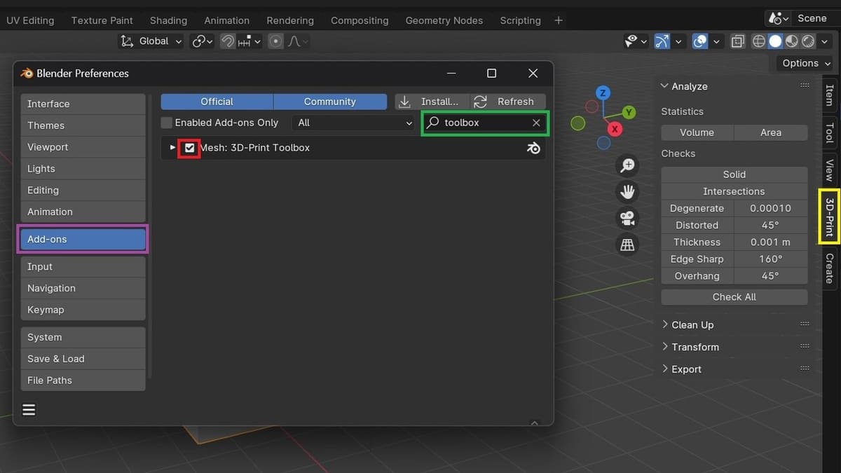 Blender's Add-ons menu showing the 3D Print Toolbox