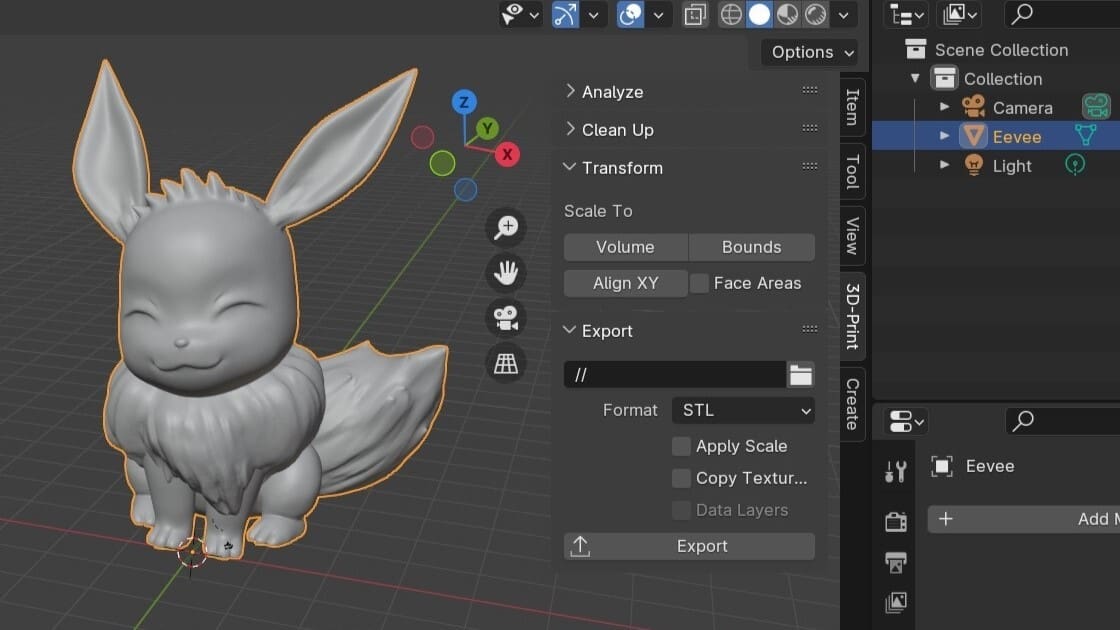 Closeup of the Transform and Export features from the 3D Toolbox