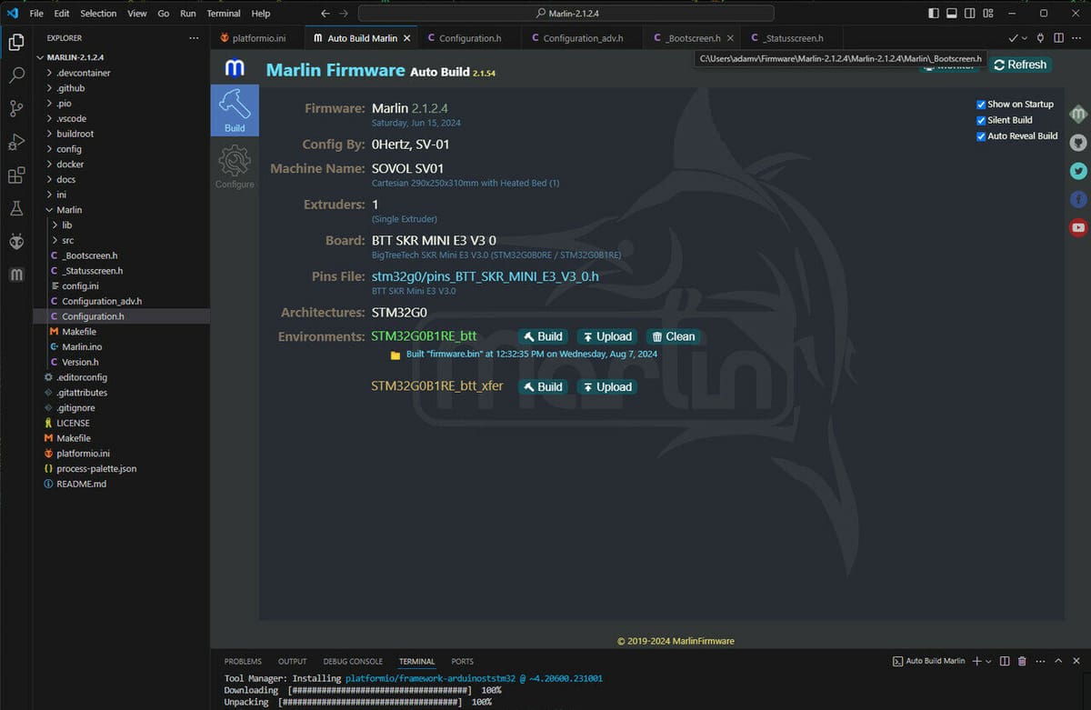 Firmware compiled and ready to go from VSC and Auto Build Marlin