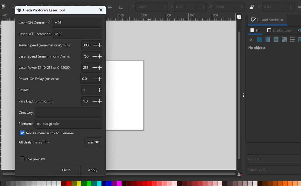 The Laser Settings Pop-Up appears after opening the extension