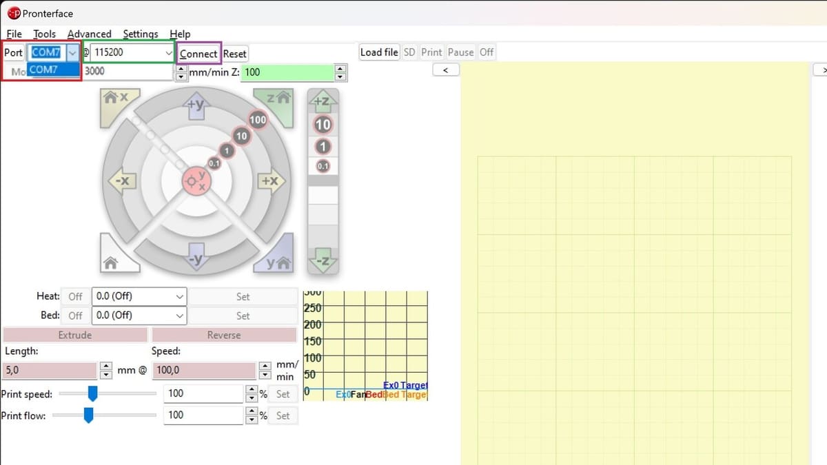 Selecting the port and baud rate