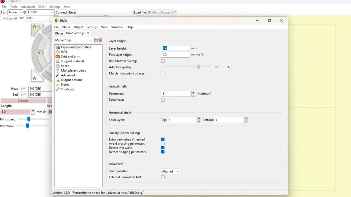 Slicing parameters in Slic3r and Pronterface with a new tab