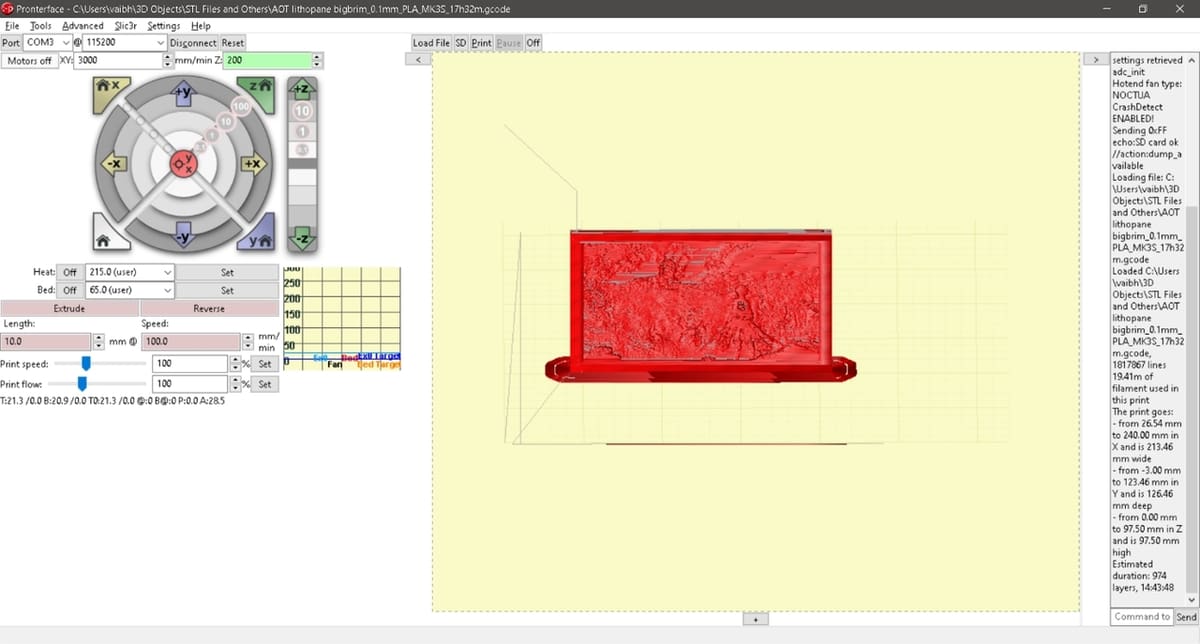 A loaded G-code file in Pronterface