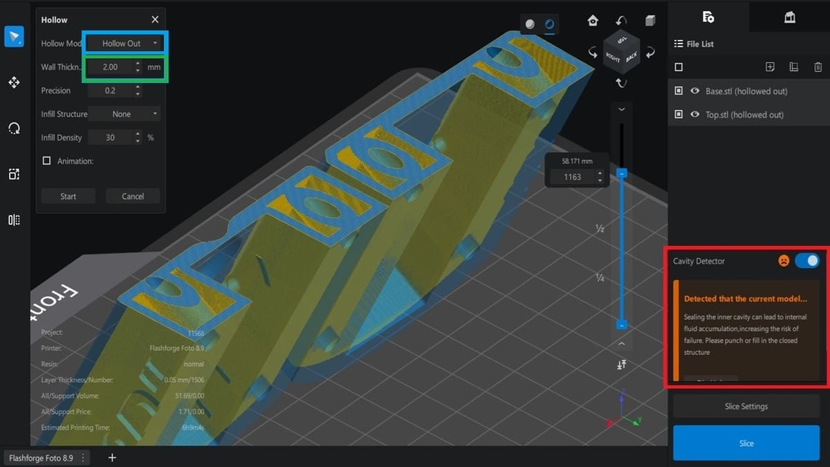 Chitubox will warn you if the model needs holes