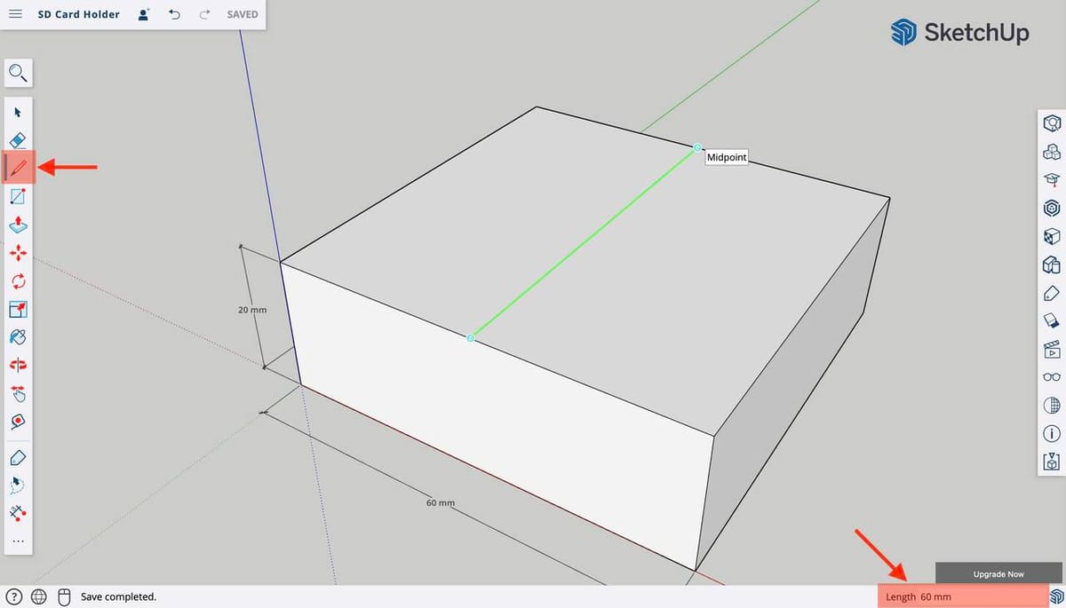 Draw a line to divide the top surface into two columns for the SD cards