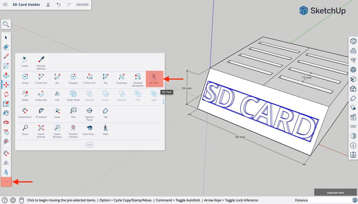 As a final touch, let's add some 3D Text to our SD card holder