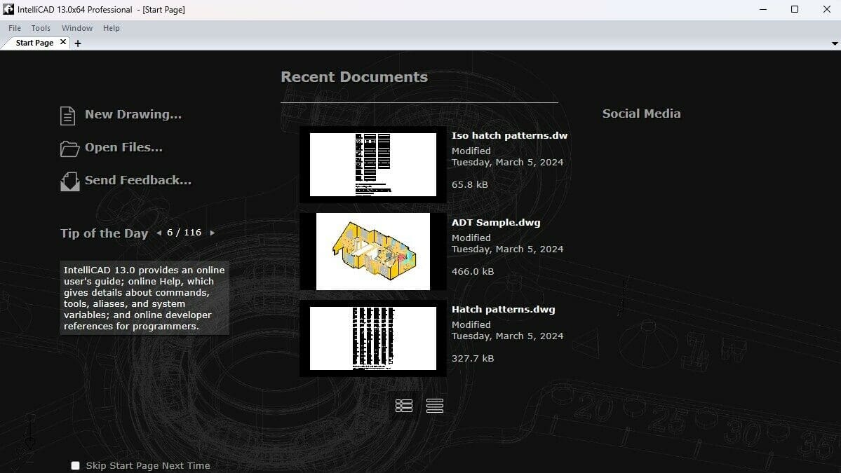IntelliCAD's starting page, with quick access to help options