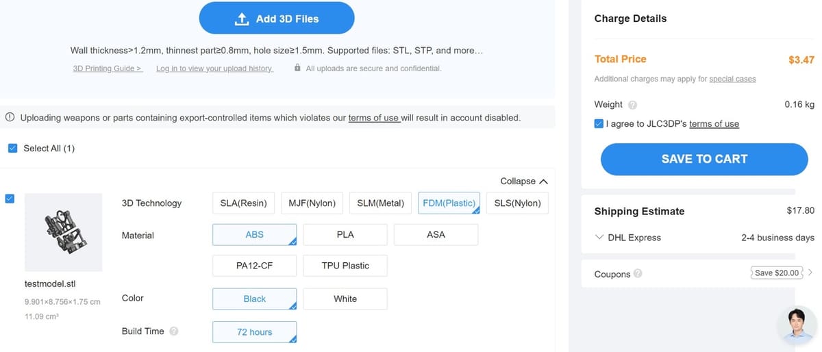JLC3DP also has an easy-to-use online instant quoting system