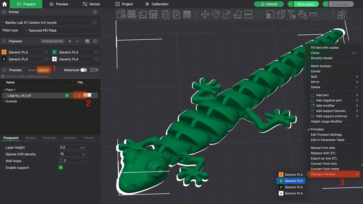 Choose the filament to print the model