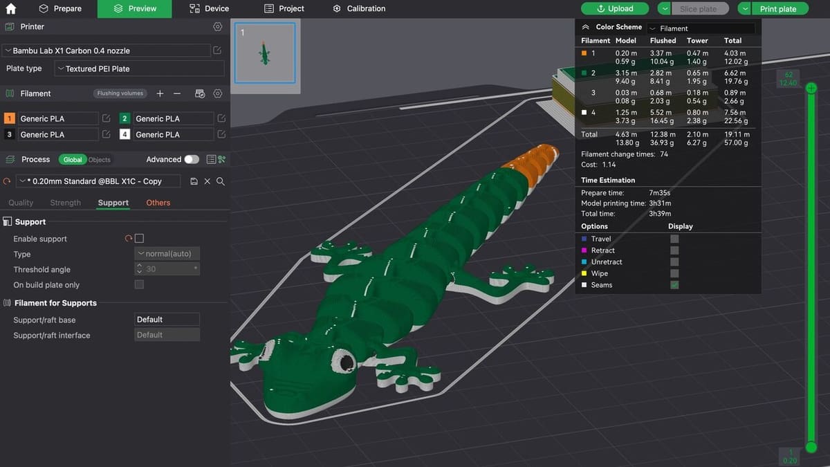 After slicing, you can verify the quantity of each filament necessary
