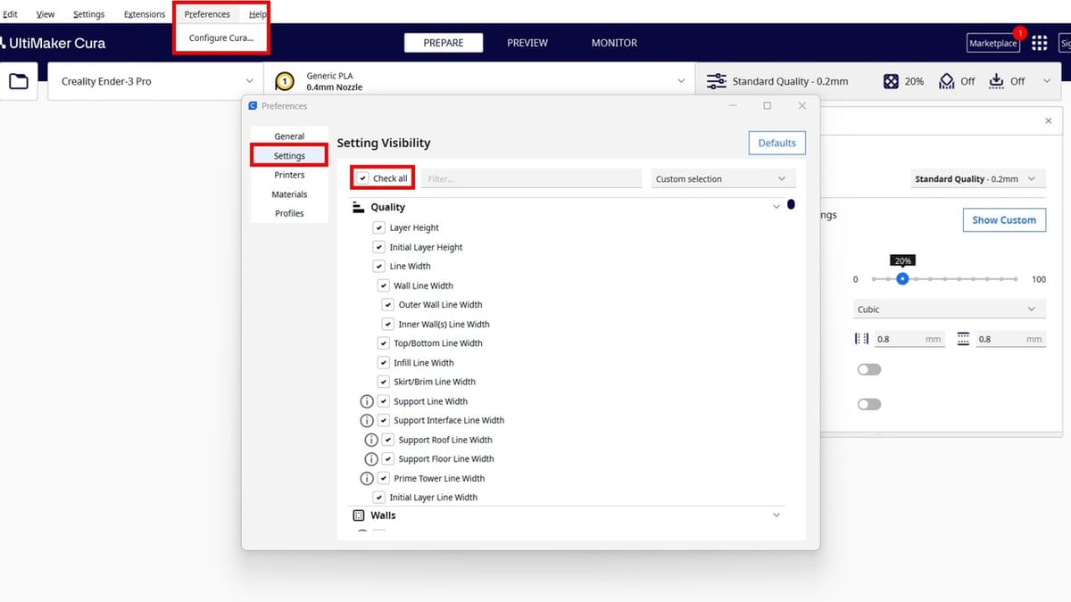 Enabling all settings to be visible