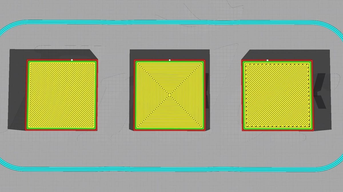 The three initial layer patterns (left to right): Lines, Concentric, Zig Zag