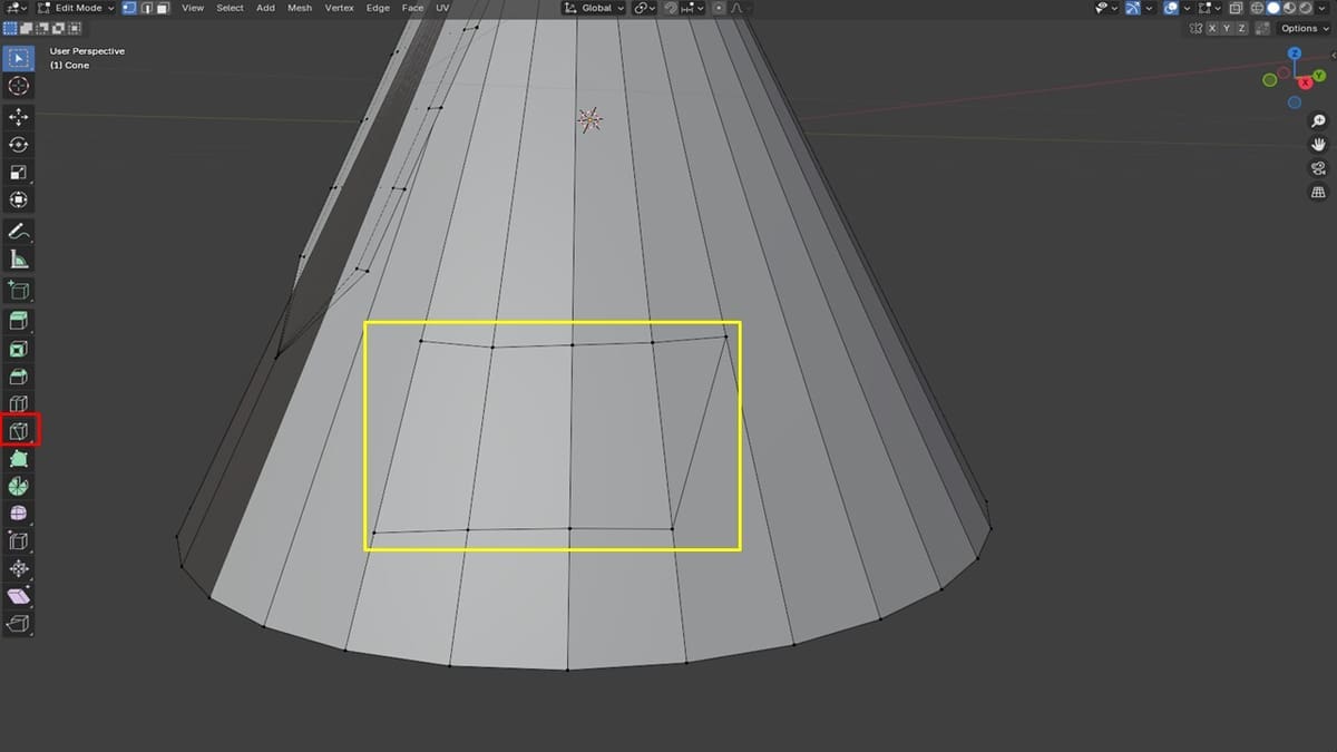Vertices generated with the Knife tool according to the path (yellow) being cut