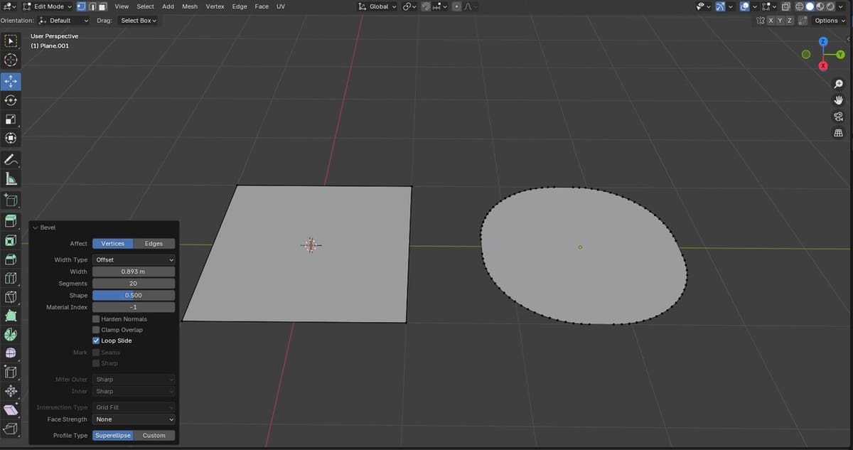 Bevel command transforming the four-sided plane into a round plane with multiple vertex