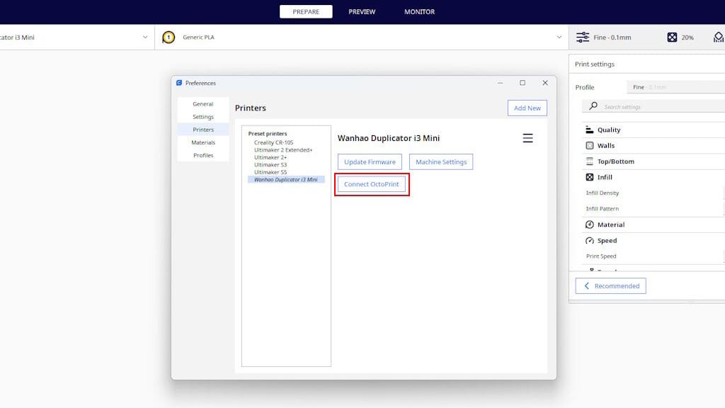Connecting to OctoPrint is done with just a click of a button
