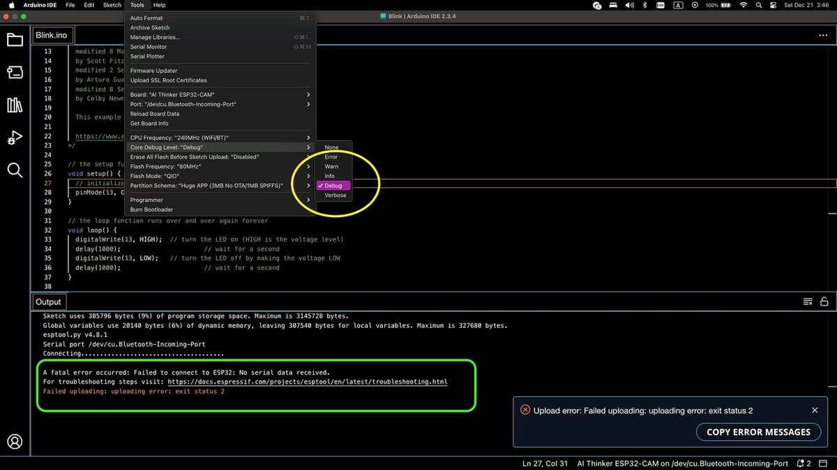 Go to Tools and make sure Core Debug Level is set to Debug so the debugging information gets displayed