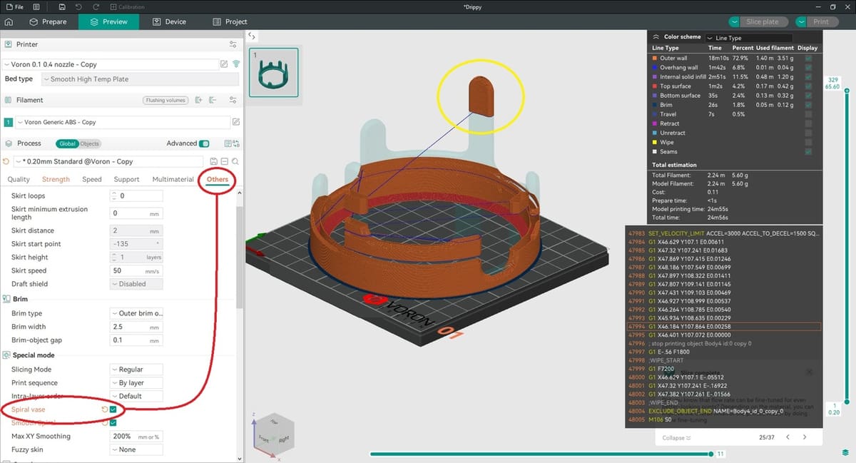 Find Vase Mode circled in red and a floating region in yellow