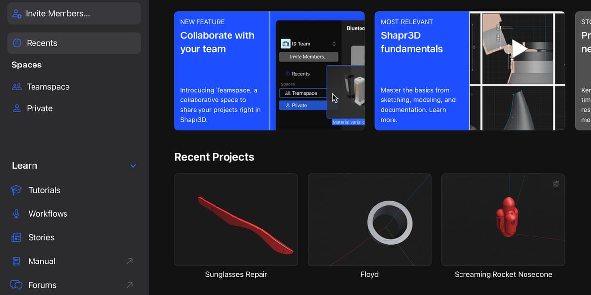 Shapr3D's design library is easy to navigate