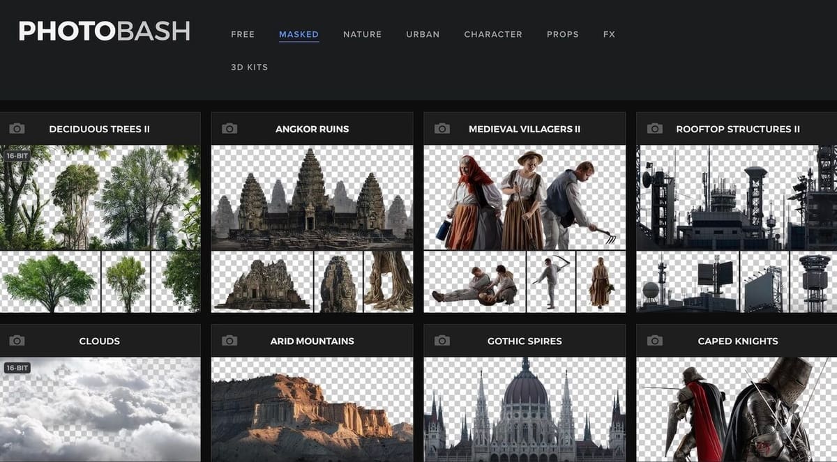 Get reference images for buildings, trees, and landscapes on Photobash