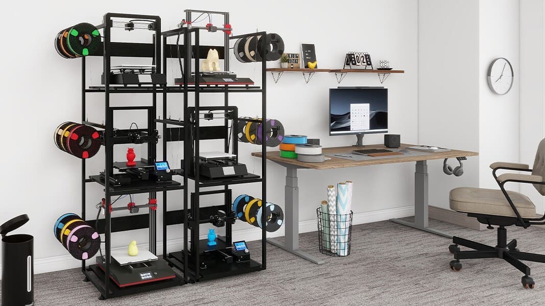 Sturdy station with side-mounted filament organization and space for multiple printers.